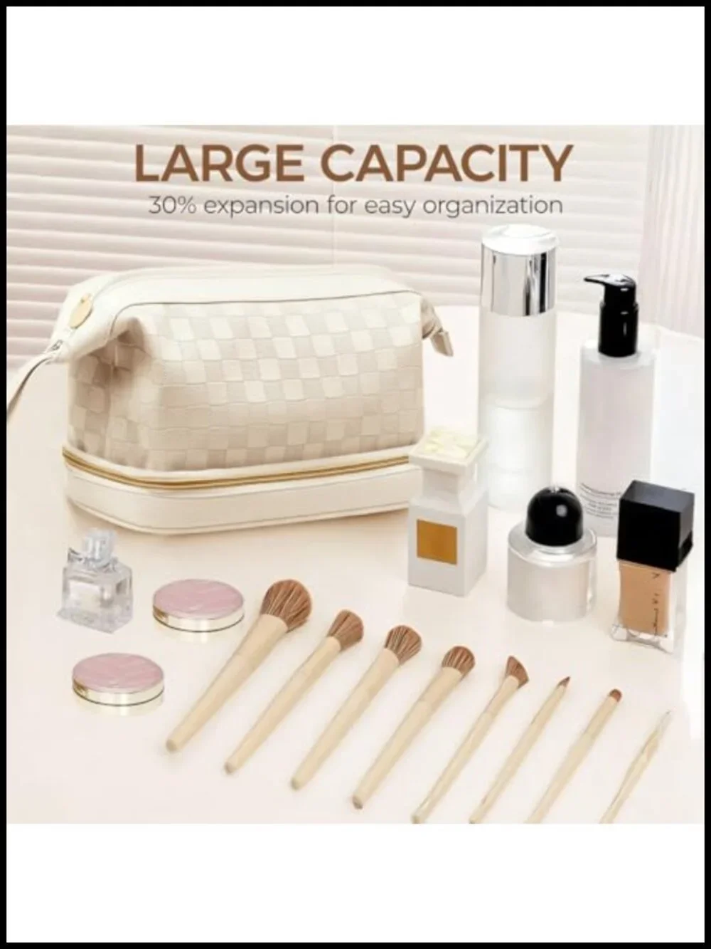 Double Layer Travel Makeup Bag with Brush Compartment, Waterproof PU Leather